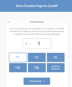 Coinsnap GiveWP demo donation page