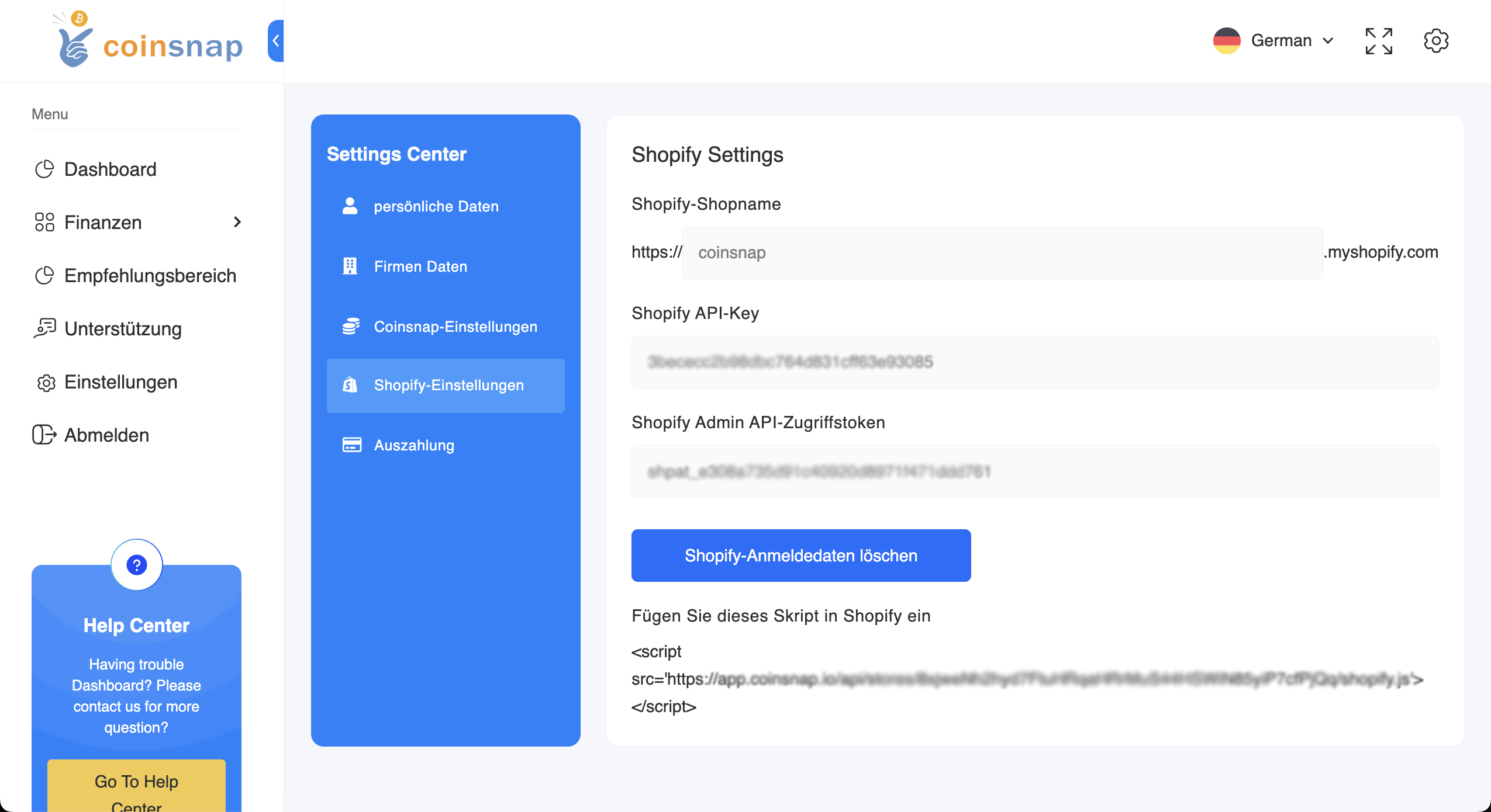 shopify-coinsnap settings